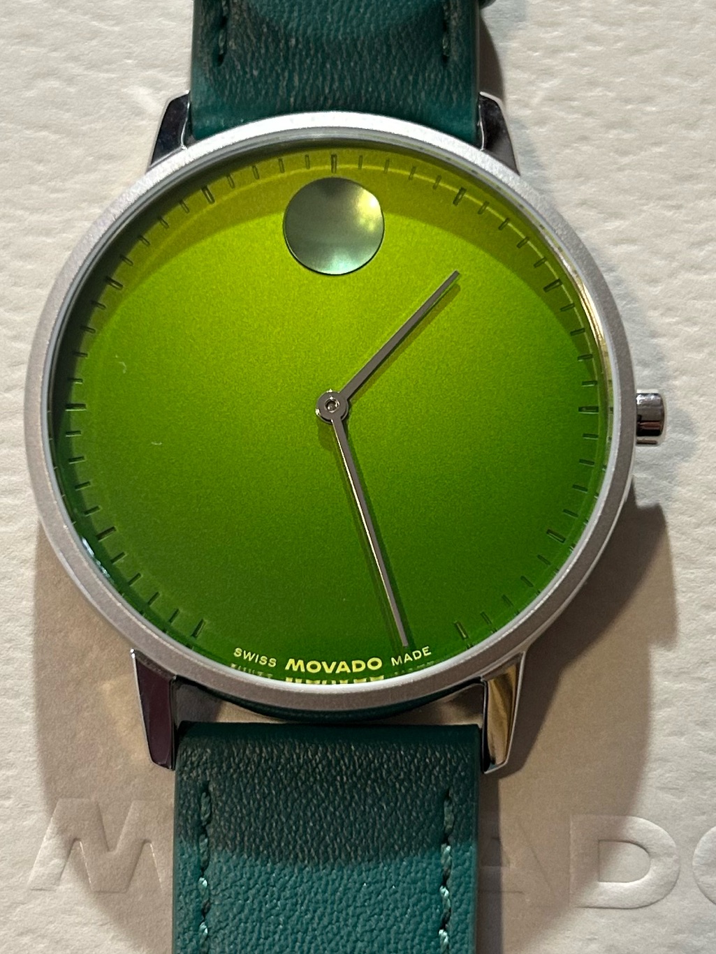 Movado Face Watch With 41mm Green Face With Hue & Green Leather Band